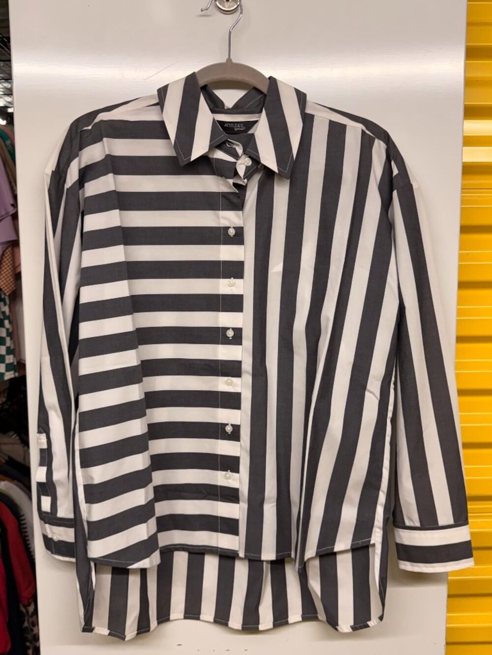 NWT Attitudes by Renee Mixed Stripe Poplin Button Down - Black & White - Size XS